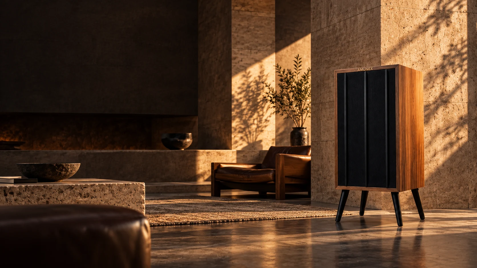 AI visual of the walnut AX1 in a warm architectural listening room