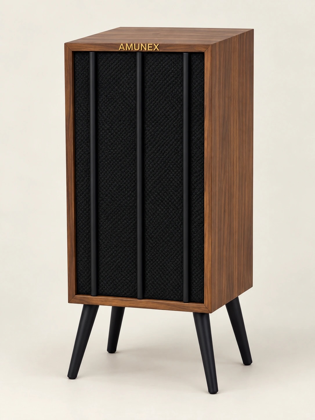 AX1 in Walnut with Midnight Black grille, matte black bars and legs